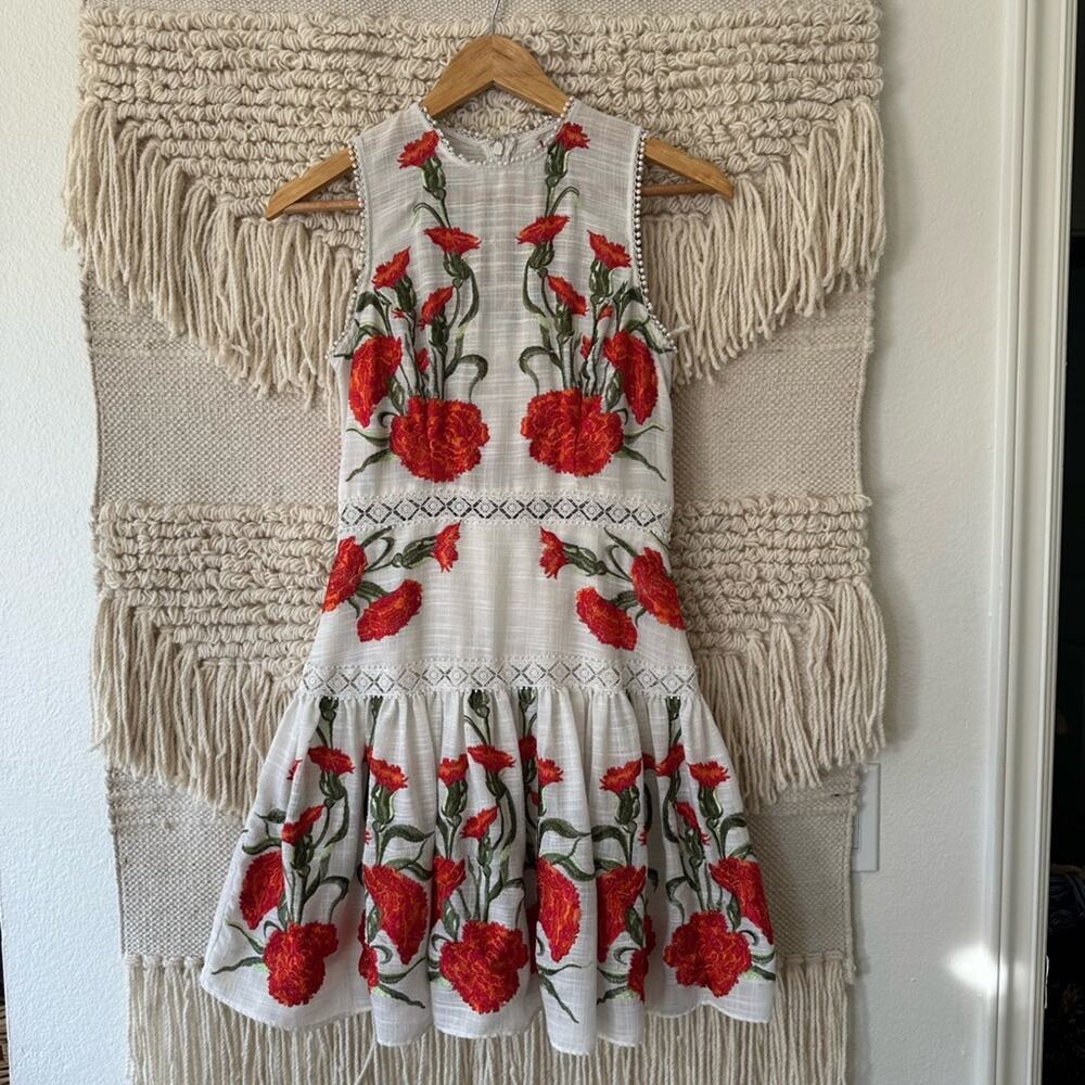 Alexis White Mini Dress with Red Floral Embroidery
